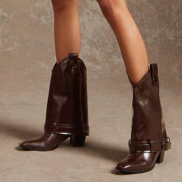 Chocolate Brown Casual Women's Block Heel Mid-Calf Boots - Picture 3 of 6